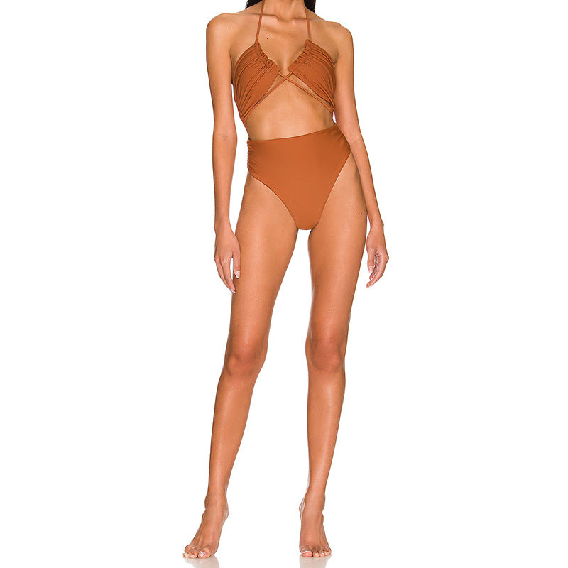 Solid Color One Piece Swimsuit Outer Single Women Swimsuit Solid Color Tube-Top Strap One Piece Bikini Bella Mia